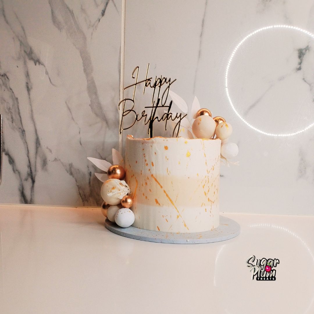 Happy Birthday Mini Cake in White, Gold & Ivory
