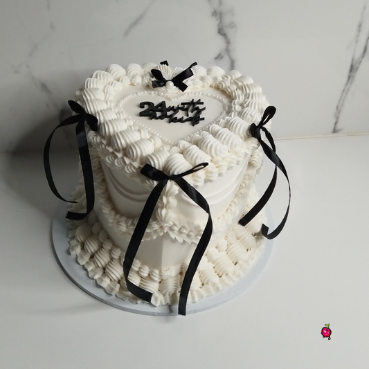 Vintage "24 With No Kids" Heart Cake with Pearls & Ribbons