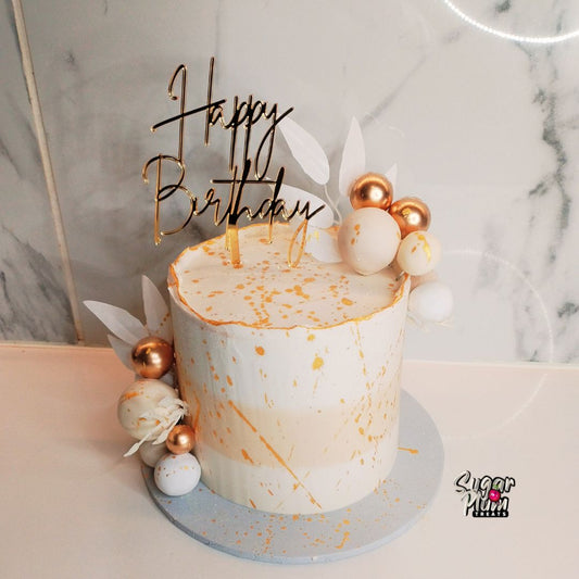 Happy Birthday Mini Cake in White, Gold & Ivory