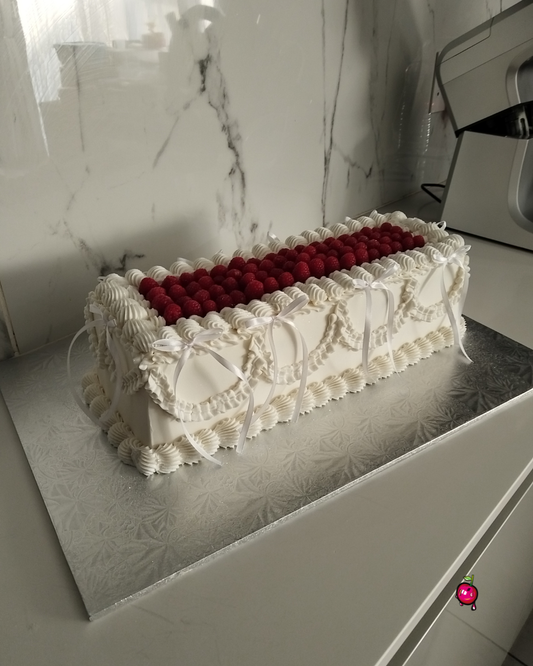 Vintage Rectangular Cake with Raspberries and Ribbons