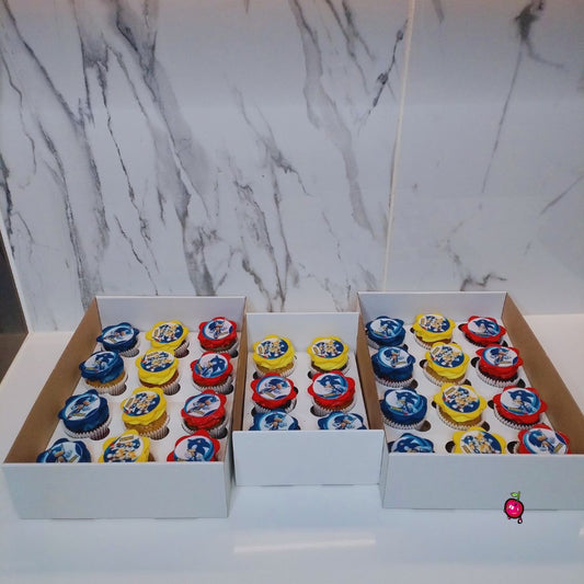 Blue, Yellow and Red Sonic The Hedge Hog Themed Cupcakes