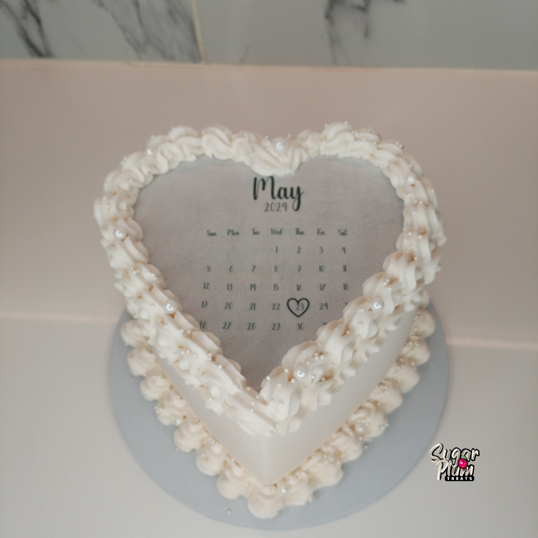 May White Calendar Burn-away Heart Cake with White Pearls.