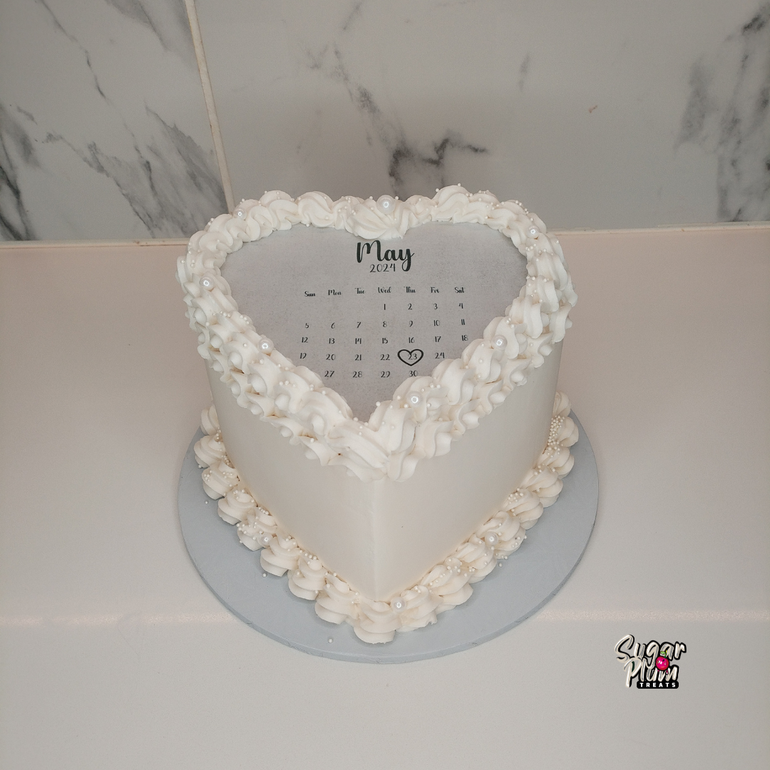 May White Calendar Burn-away Heart Cake with White Pearls.
