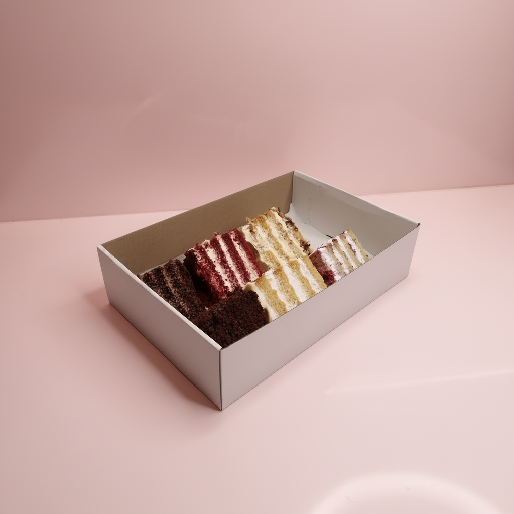 Box of layered cake slices on a marble surface