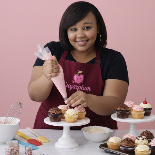 Woman in a kitchen wearing an apron, holding a laptop displaying a cupcake recipe bundle.