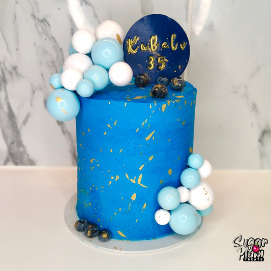 Blue, White and Gold Birthday Cake