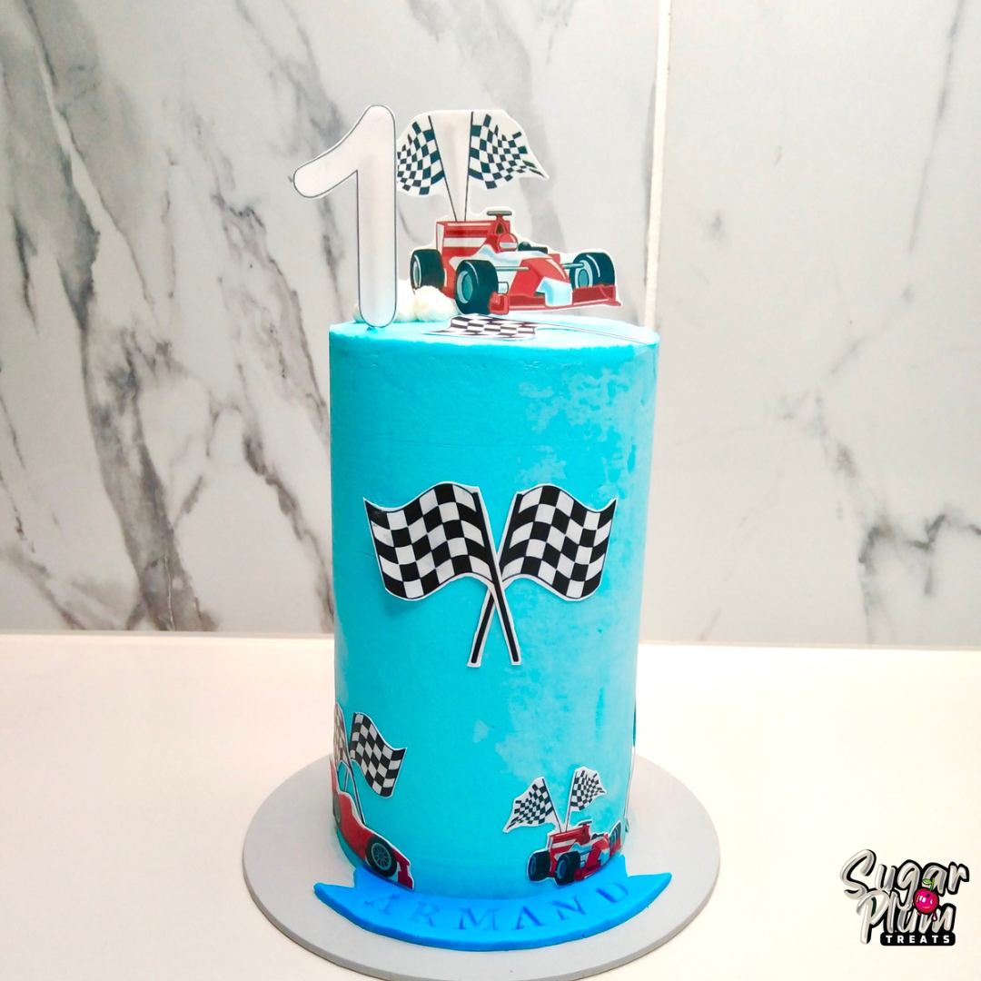 Sky Blue Race Car Themed Birthday Cake