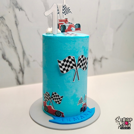 Sky Blue Race Car Themed Birthday Cake