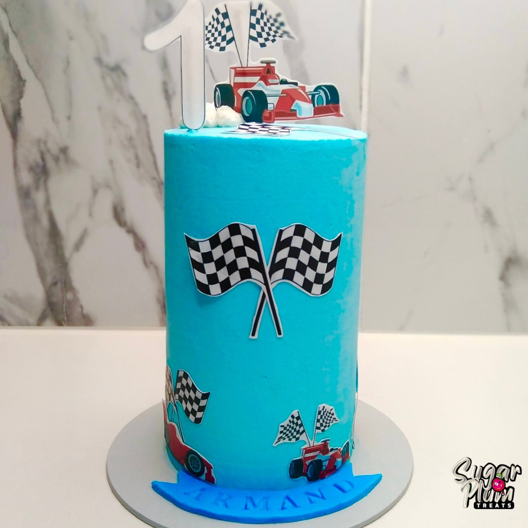Sky Blue Race Car Themed Birthday Cake