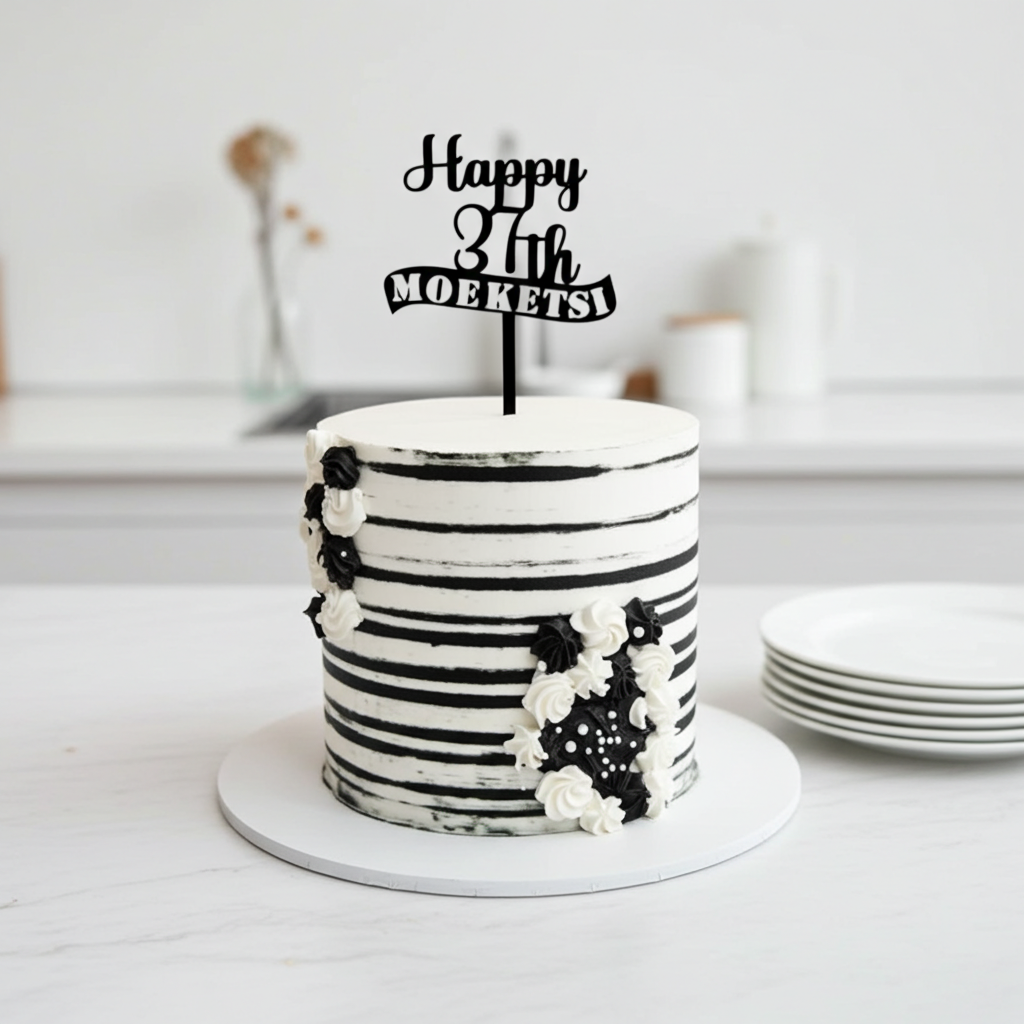 "Happy 37th Birthday in Black & White" Themed Cake