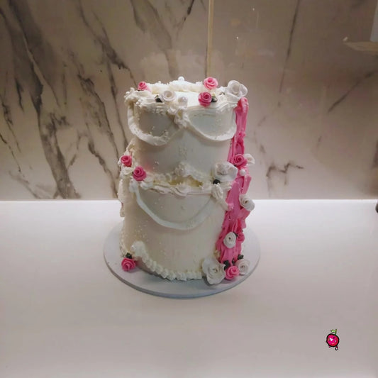 2 Tier Pink and White Cake with Roses