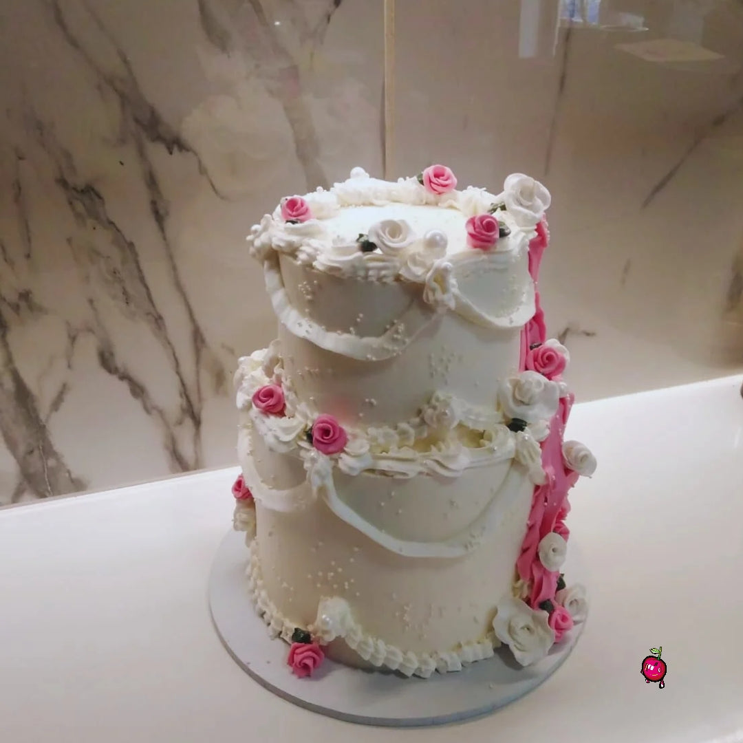 2 Tier Pink and White Cake with Roses