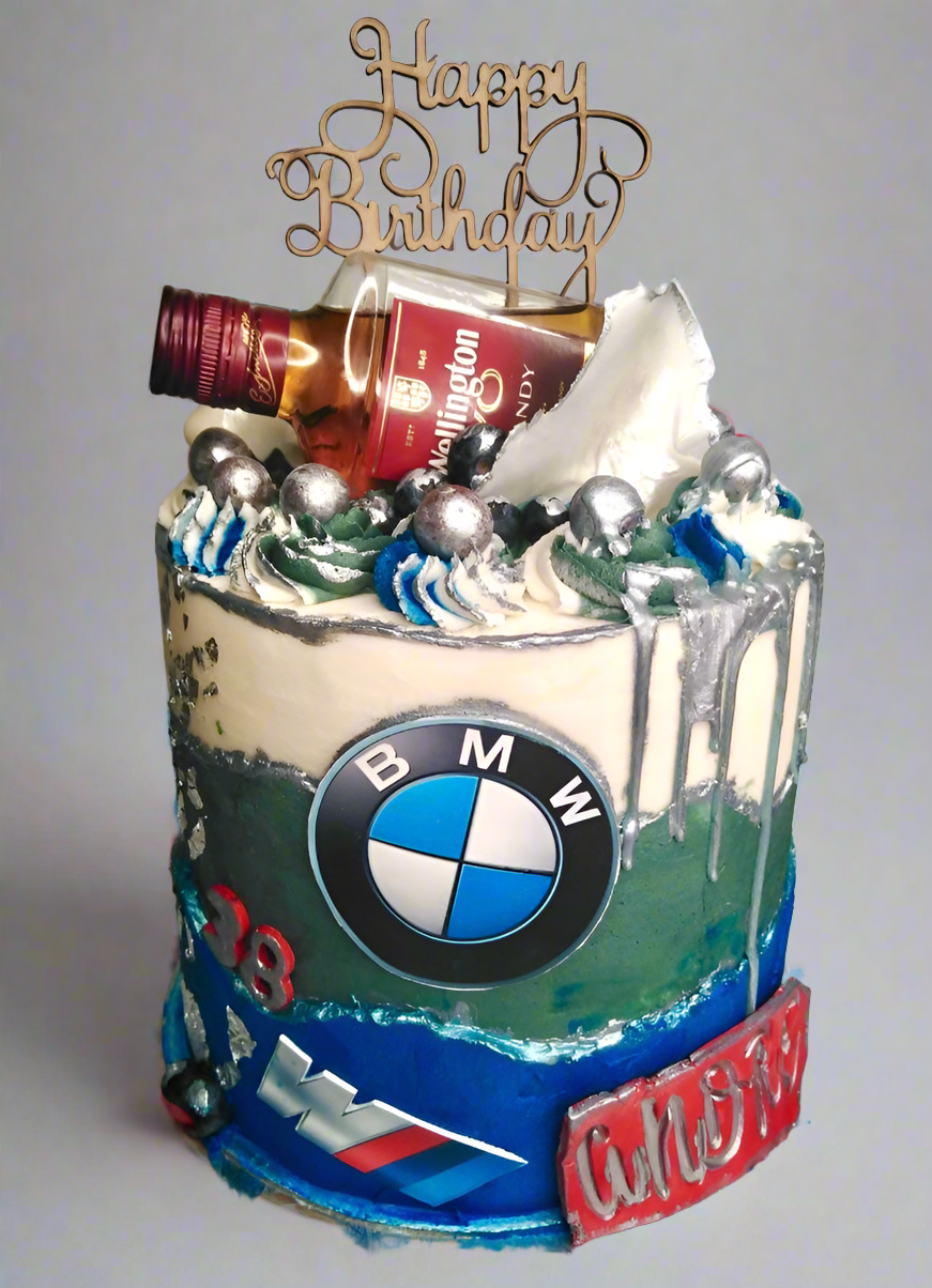 BMW Themed Cake with Treats for Him.