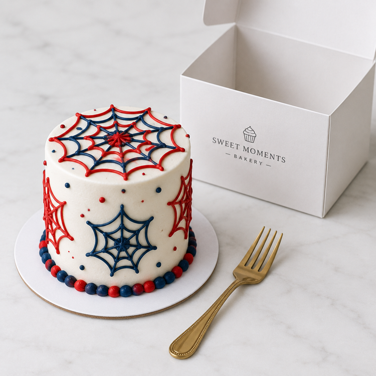 White mini cake with red and navy blue web decorations shown beside its gift box and a fork for scale.