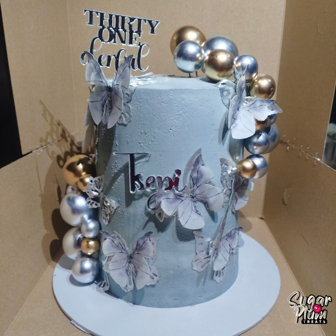 Elegant Silver Themed Birthday Cake – Sugarplum Treats SA