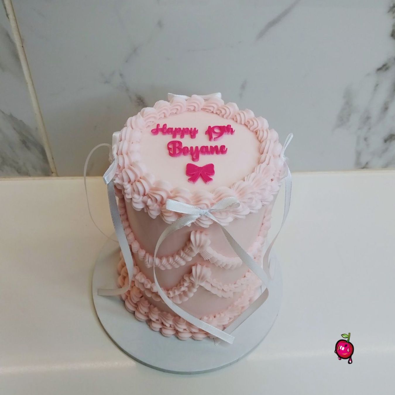 Vintage Pink & White Ribbons Mini Birthday Cake