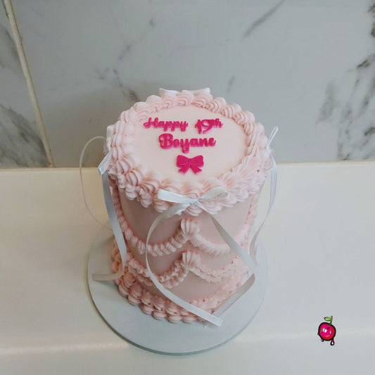 Vintage Pink & White Ribbons Mini Birthday Cake