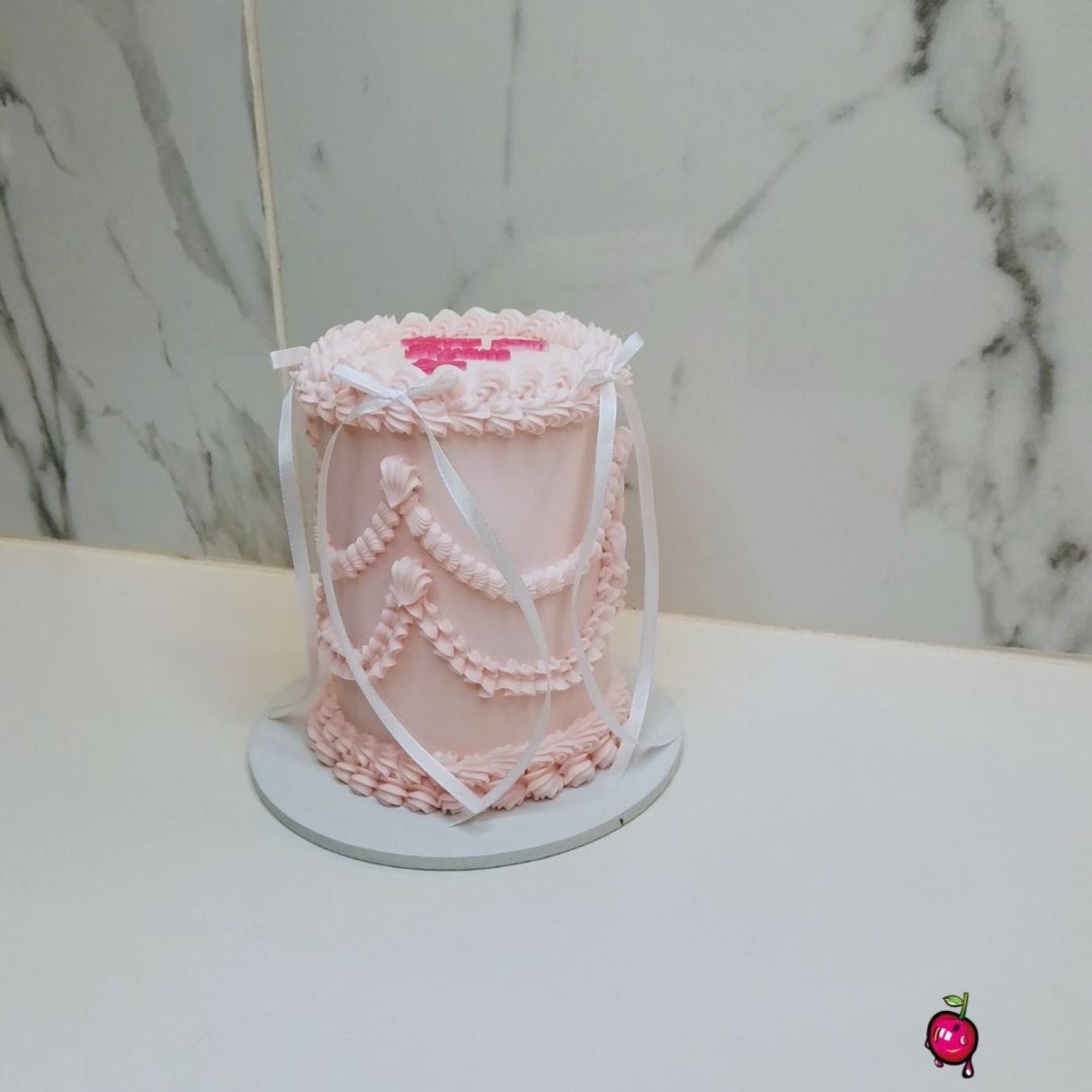 Vintage Pink & White Ribbons Mini Birthday Cake