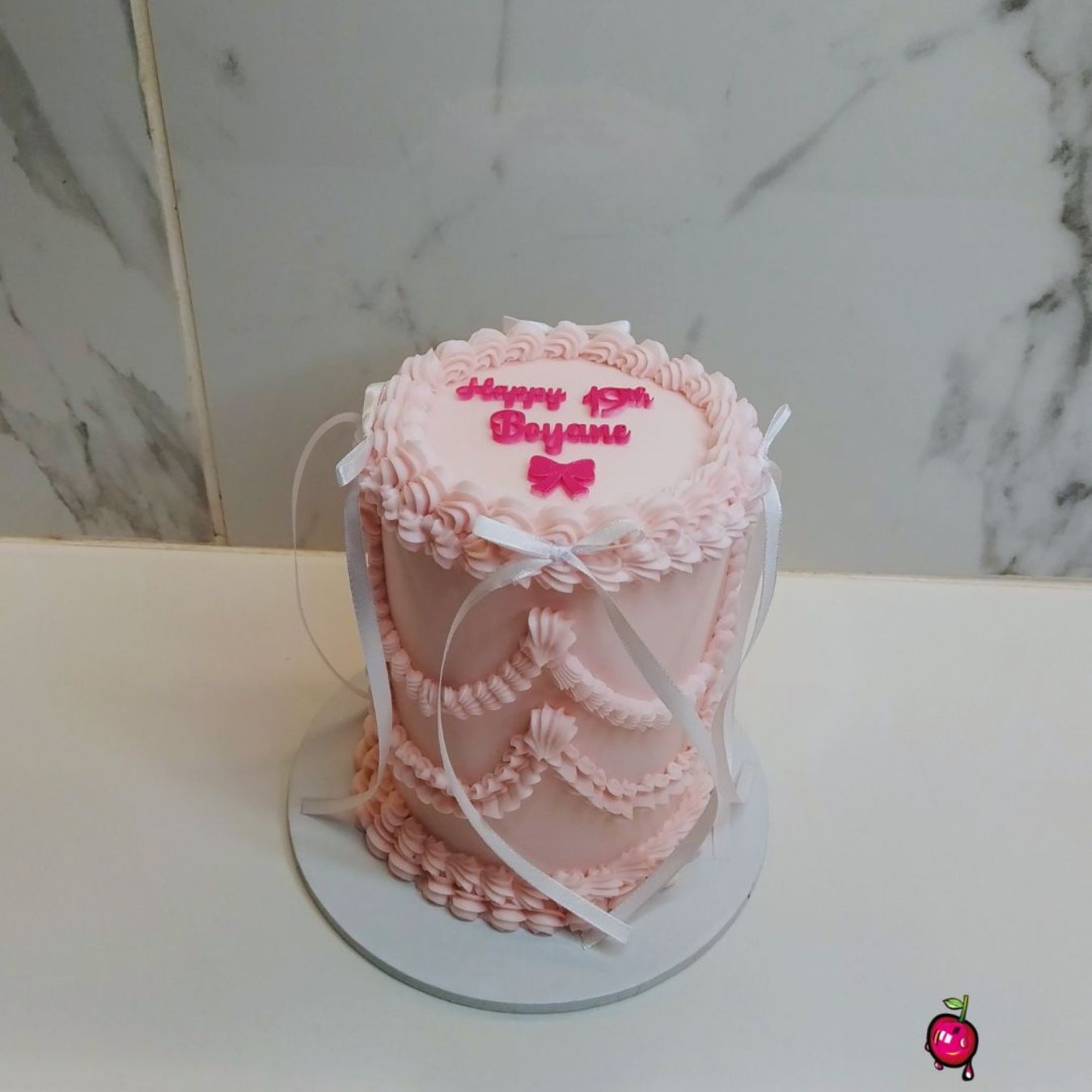 Vintage Pink & White Ribbons Mini Birthday Cake