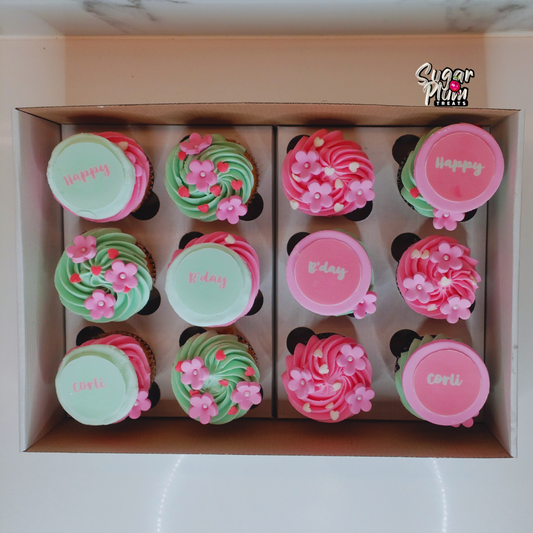 Green & Pink Birthday Cupcakes