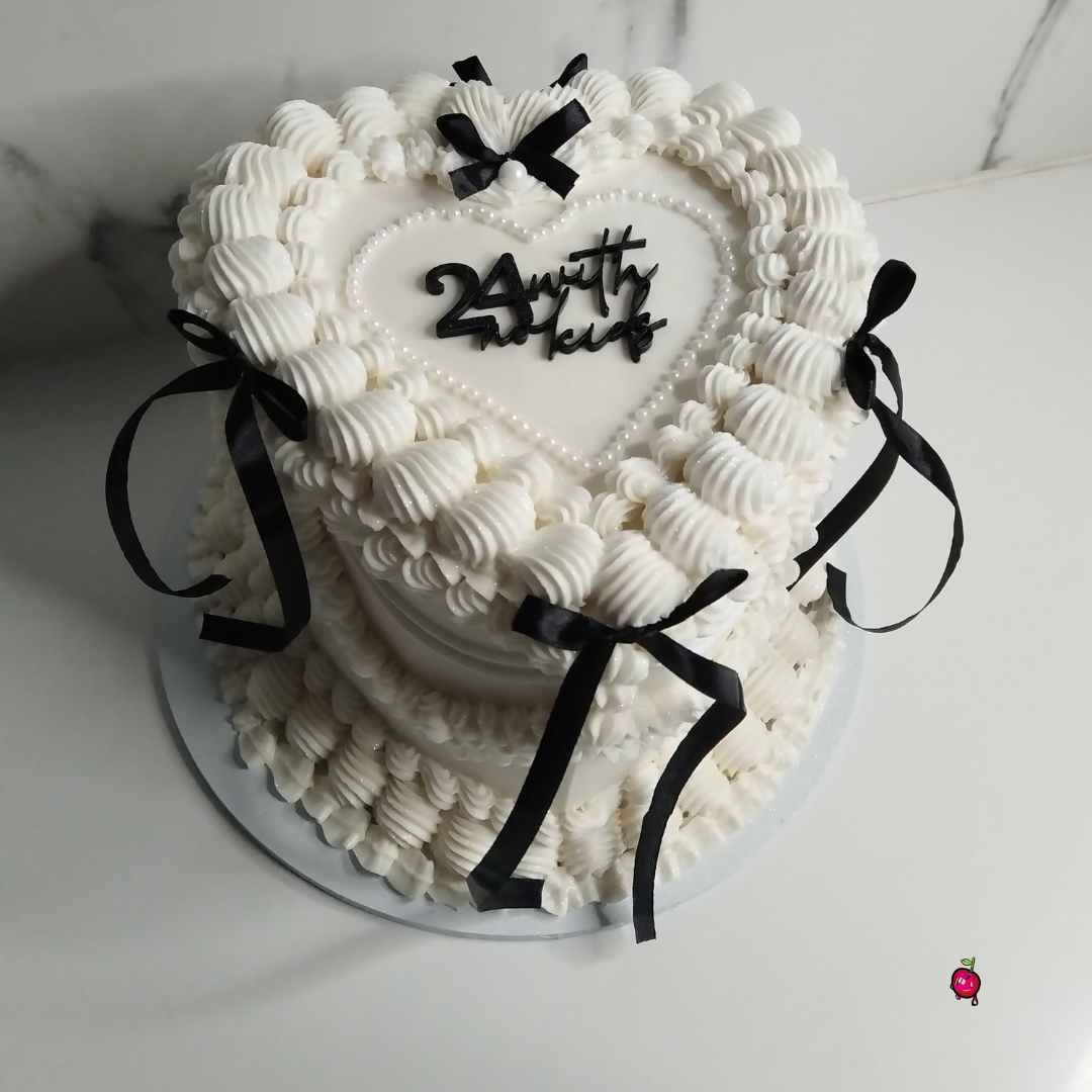 Vintage "24 With No Kids" Heart Cake with Pearls & Ribbons