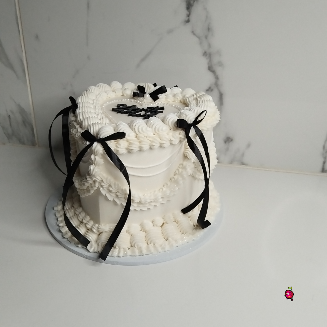 Vintage "24 With No Kids" Heart Cake with Pearls & Ribbons