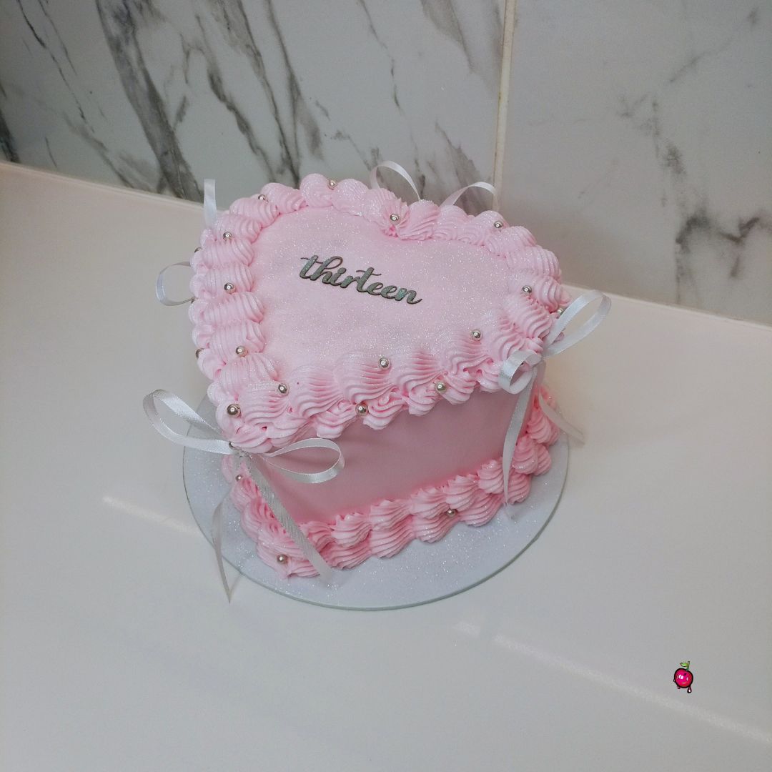 Pink and White Heart Cake with Ribbons