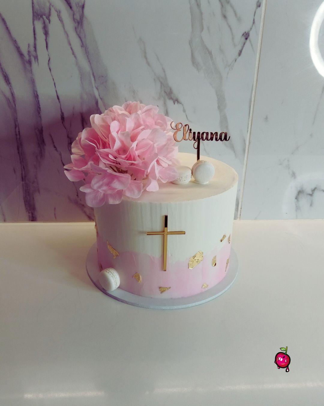 Pink & White Christening Cake with Flowers