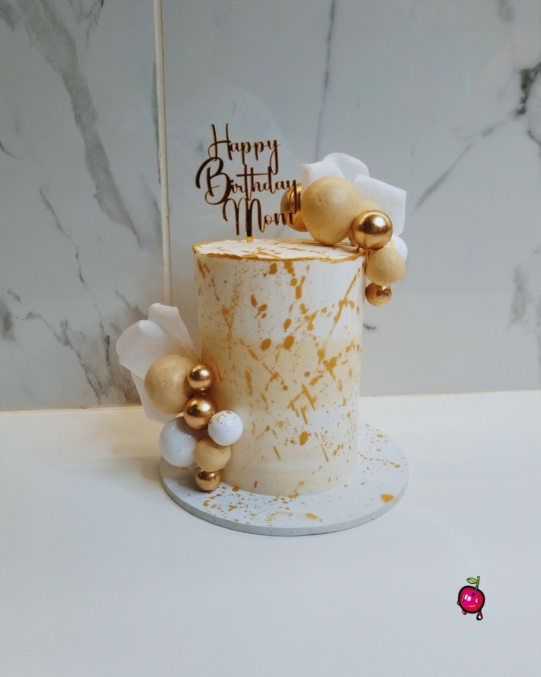Happy Birthday Mini Cake in White, Gold & Ivory