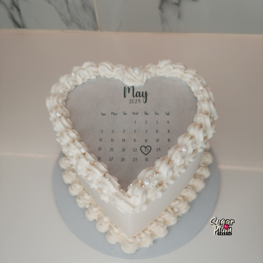 White Calendar Burn-away Heart Cake with White Pearls.