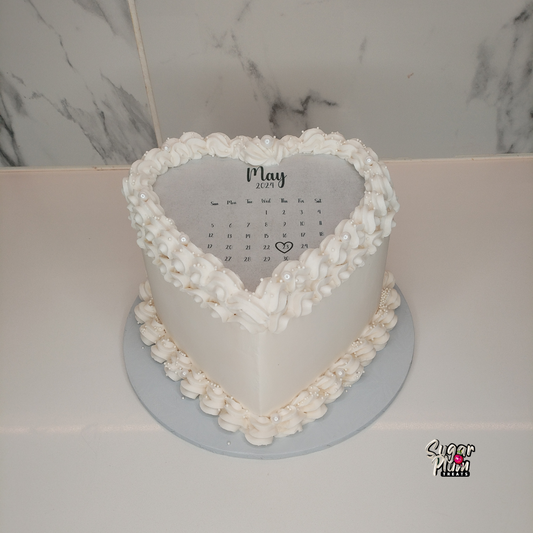 May White Calendar Burn-away Heart Cake with White Pearls.