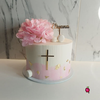 Pink & White Christening Cake with Flowers