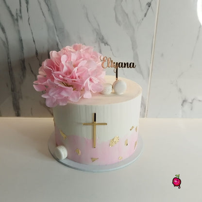 Pink & White Christening Cake with Flowers