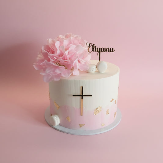 Pink & White Christening Cake with Flowers