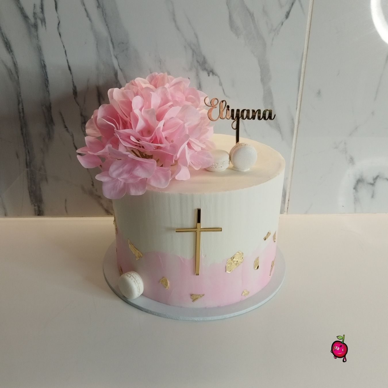 Pink & White Christening Cake with Flowers