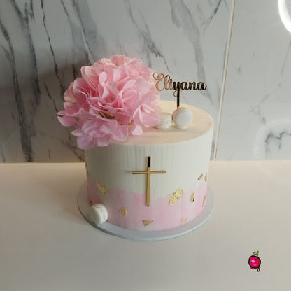 Pink & White Christening Cake with Flowers