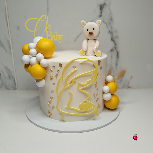 White & Yellow Oh Baby & Pregnant Lady Baby Shower Cake