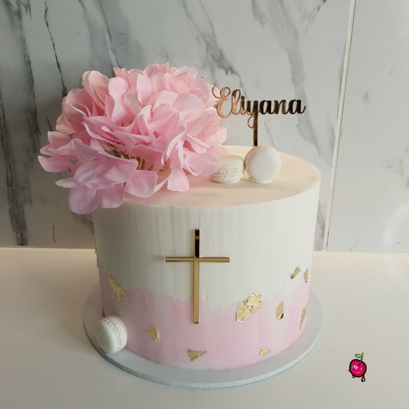 Pink & White Christening Cake with Flowers