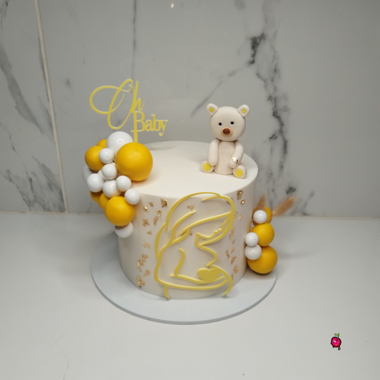 White & Yellow Oh Baby & Pregnant Lady Baby Shower Cake