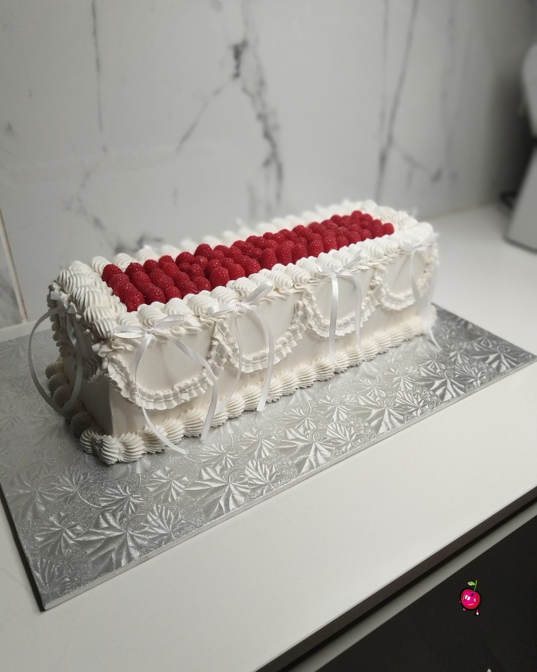 Vintage Rectangular Cake with Raspberries and Ribbons