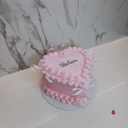 Pink and White Heart Cake with Ribbons