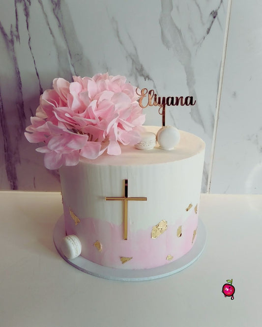 Pink & White Christening Cake with Flowers