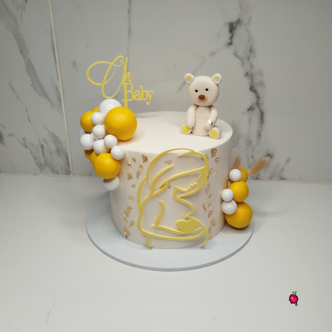 White & Yellow Oh Baby & Pregnant Lady Baby Shower Cake