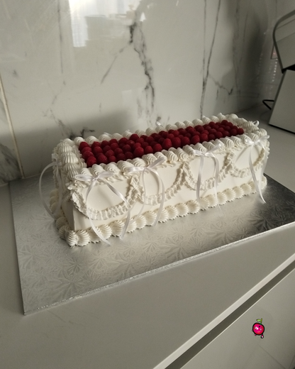 Vintage Rectangular Cake with Raspberries and Ribbons