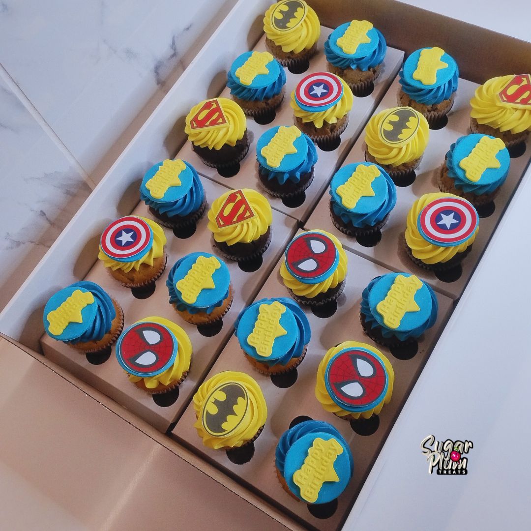 Blue and Yellow Superhero's Themed Cupcakes