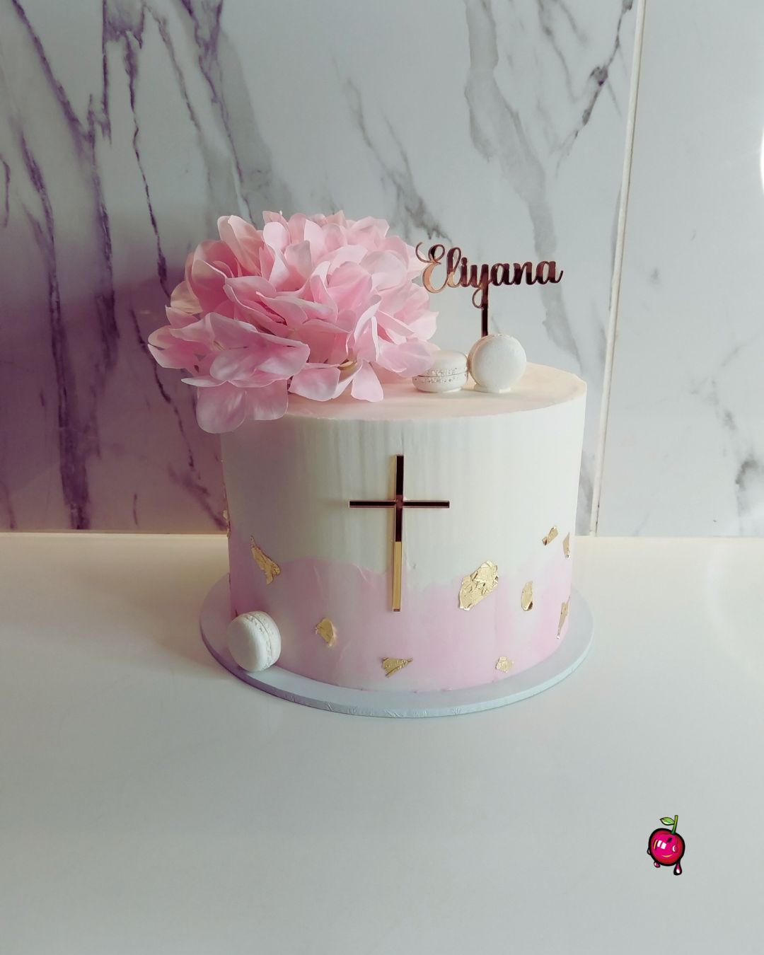 Pink & White Christening Cake with Flowers