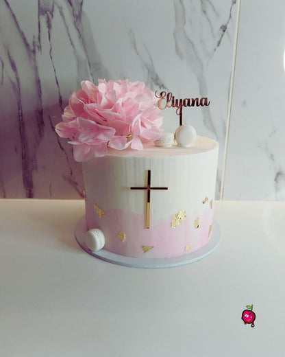 Pink & White Christening Cake with Flowers