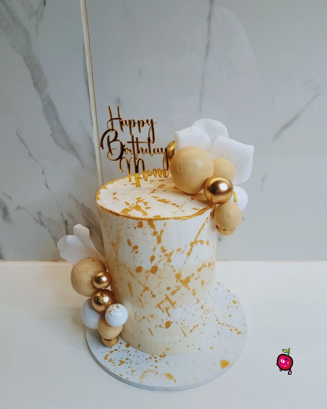 Happy Birthday Mini Cake in White, Gold & Ivory