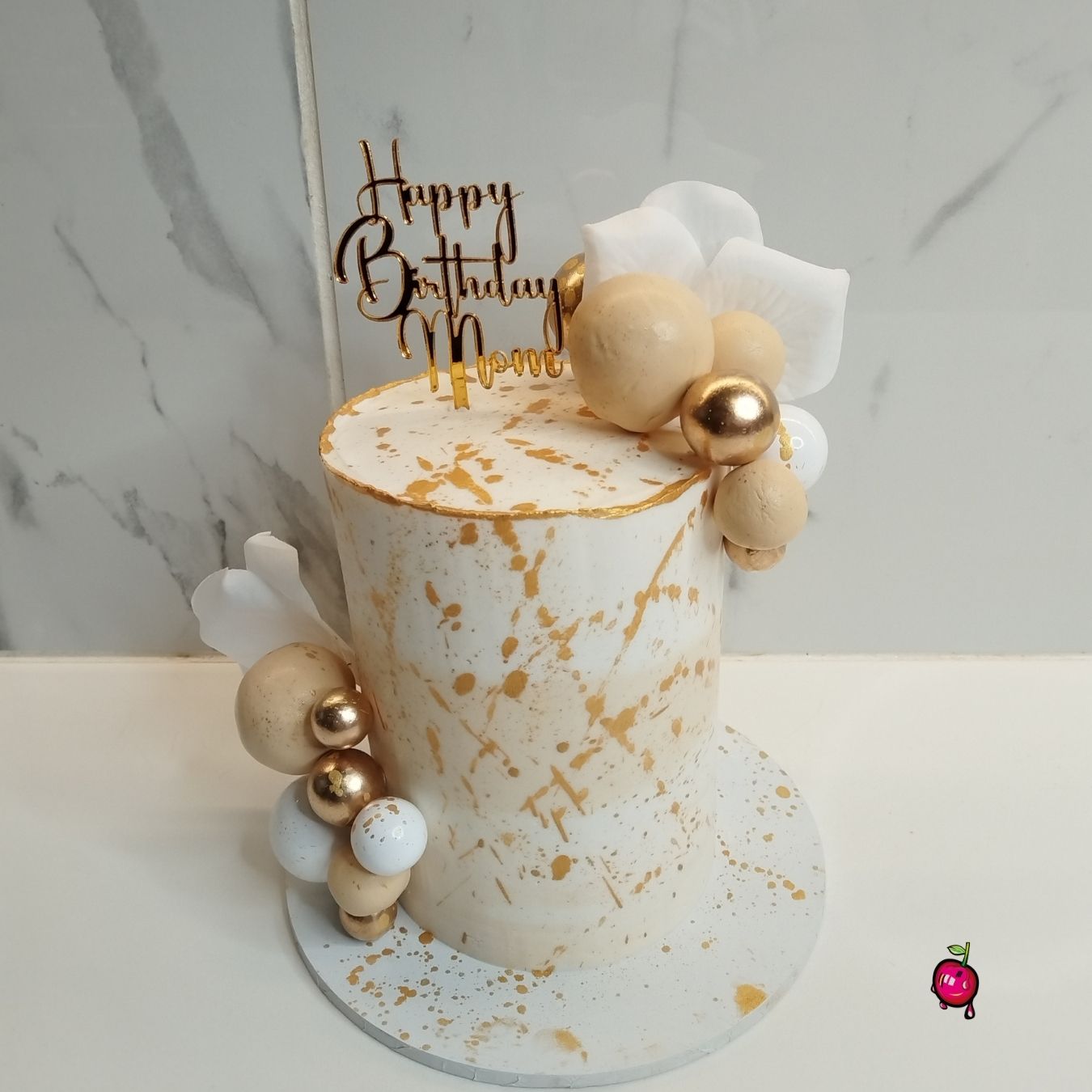 Happy Birthday Mini Cake in White, Gold & Ivory