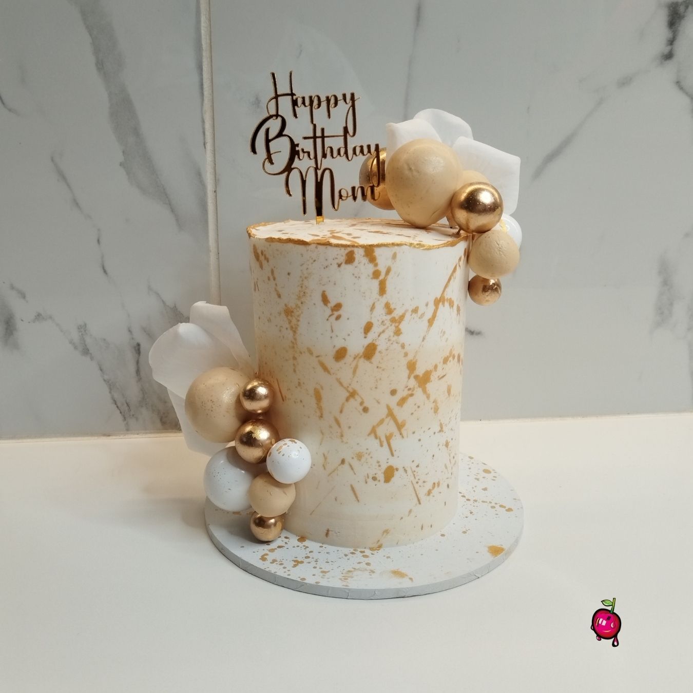 Happy Birthday Mini Cake in White, Gold & Ivory